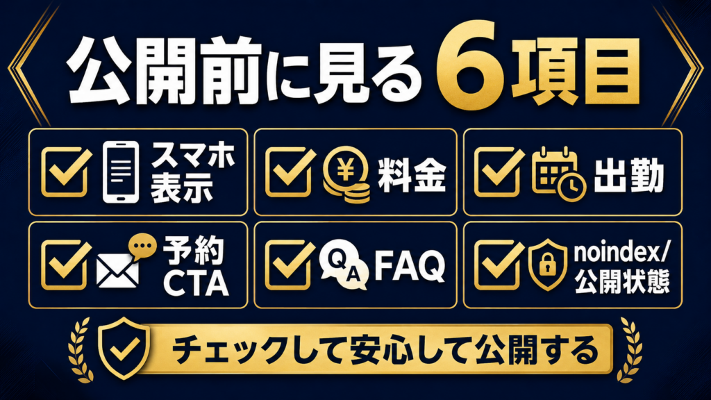 スマホ表示、料金、出勤、予約CTA、FAQ、noindexと公開状態を公開前に確認する記事サムネイル