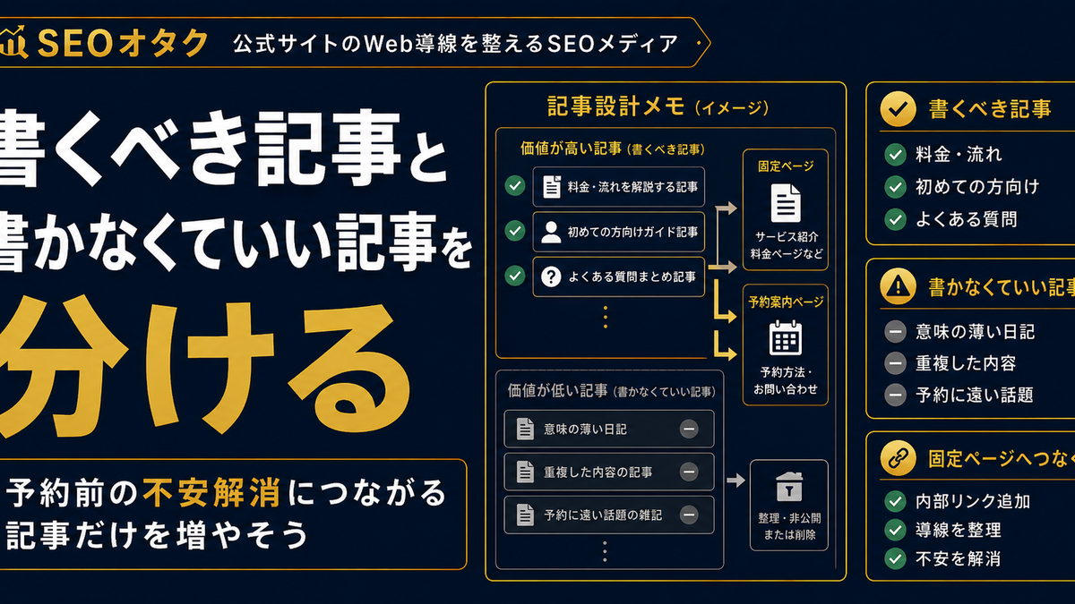 店舗ブログSEO。書くべき記事・書かなくていい記事。予約前の不安解消につながるテーマ設計