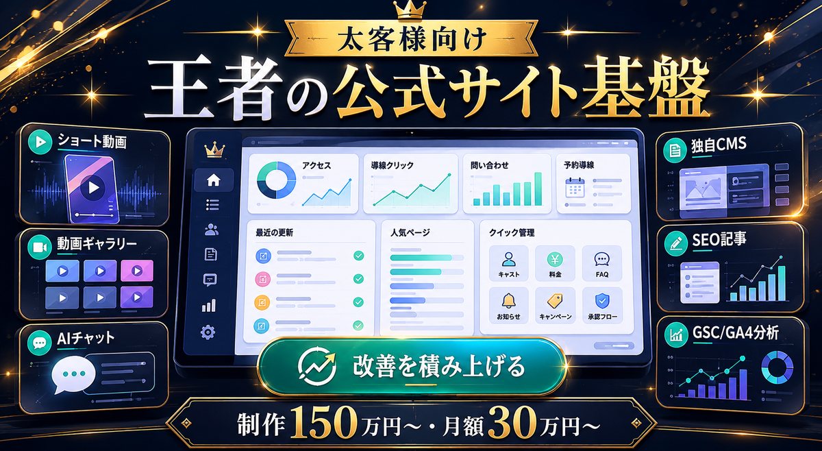 太客様向けの王者の公式サイト基盤を示す高級感のあるダッシュボード図