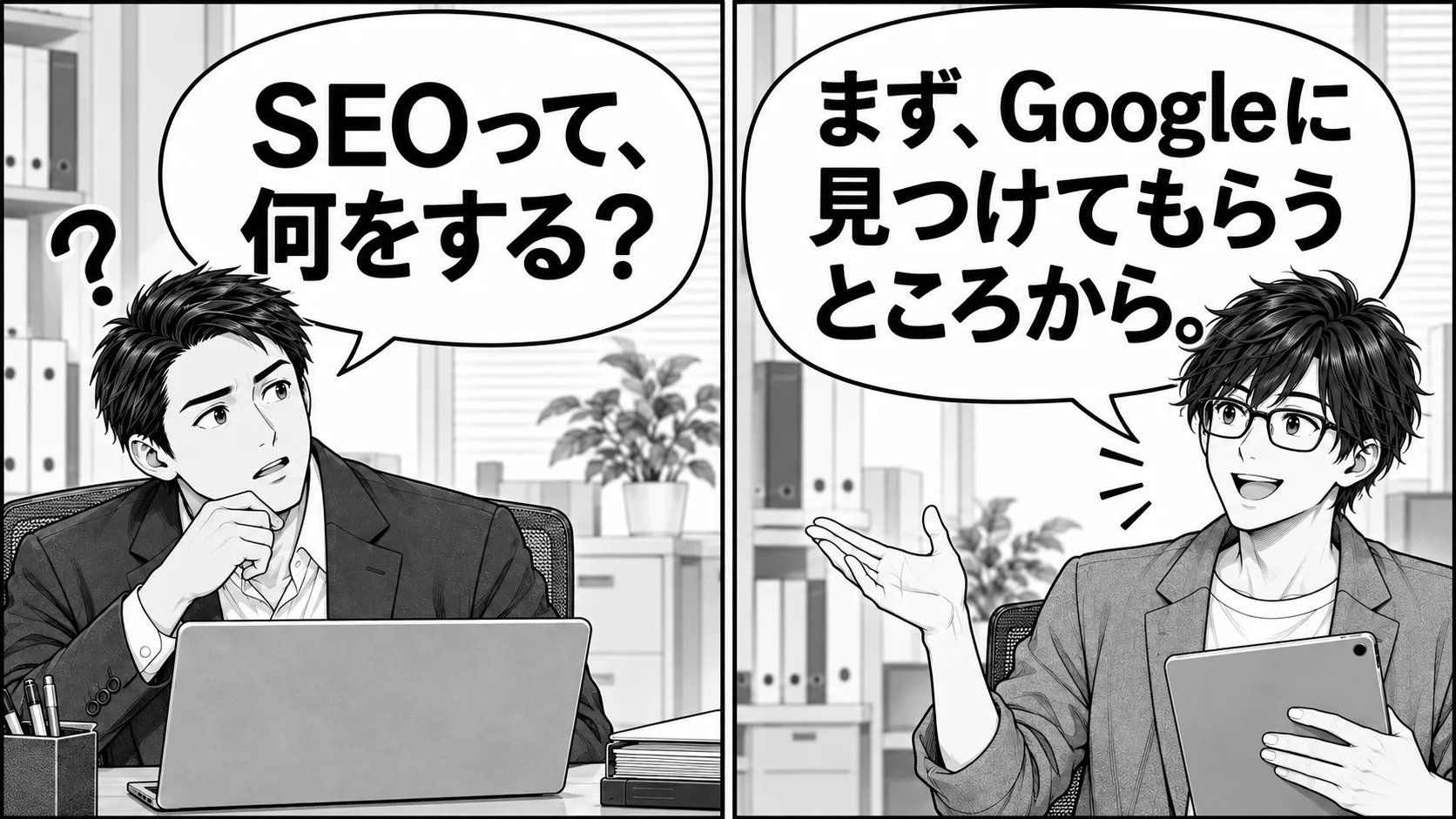 SEOとは何かを尋ねる店長に、SEOオタクがGoogleに見つけてもらう流れを説明する横長漫画